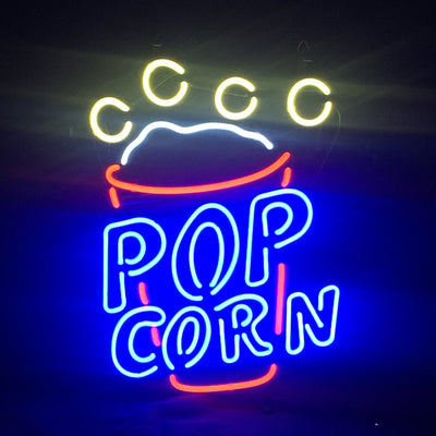 Popcorn Cup Neon Light Sign glowing in colorful neon tubes over a metal grid backing, hanging indoors