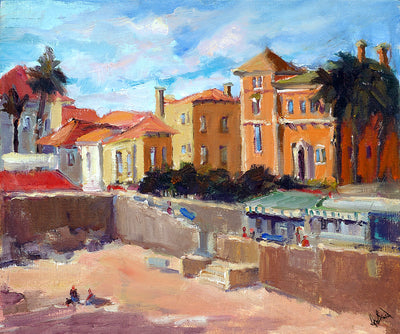 Portuguese Beach Enhanced Canvas Print by John Beard showing a muted coastal scene with lovers on a beach during twilight.