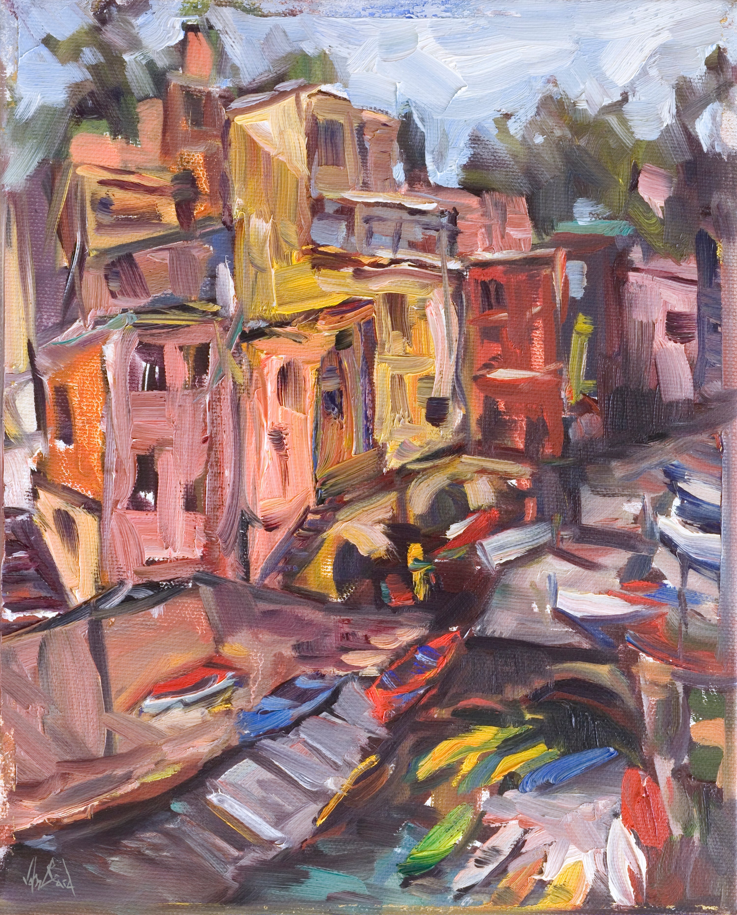 Positano Artist Enhanced Canvas Print showing an abstract coastal landscape with soft twilight tones, mounted in a frame.