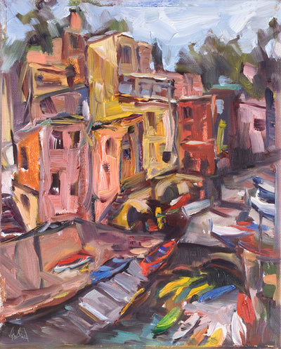 Positano Artist Enhanced Canvas Print showing an abstract coastal landscape with soft twilight tones, mounted in a frame.