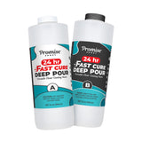 Two 32 oz bottles of Promise Epoxy 24 hr Fast Cure Deep Pour casting resin, labeled A and B, with teal and black graphic design on white bottles.