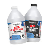Promise Fast Cure Resin container in 1-Gallon and 32oz sizes alongside project samples and instructions