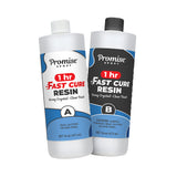 Two 16 oz bottles of Promise Epoxy 1 hour fast cure resin, labeled A with white cap and B with black cap, featuring blue, white, black, and red label accents.