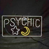 Rectangular neon sign with white letters spelling 'PSYCHIC' above a white star and a yellow crescent moon on a dark background.