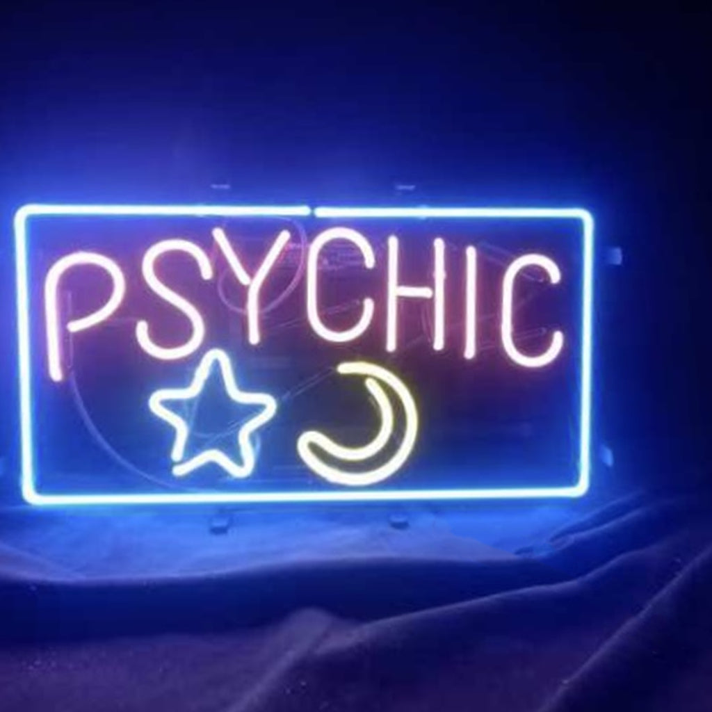 Psychic Moon Star Neon Sign with glowing moon and star shapes