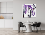 Abstract canvas print with bold purple and black brushstrokes on a white background, mounted on a light gray wall above a white round dining table with black chairs.
