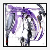 Abstract canvas with sweeping purple and black brushstrokes accented by thin red lines on a white background, framed in thin black.