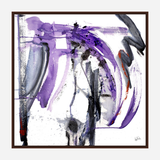 Abstract canvas artwork with bold purple and black brushstrokes, splattered patterns, and a touch of red, framed in dark brown wood.