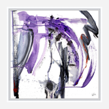 Abstract canvas artwork with broad sweeping strokes of purple and black, accented with small splashes of red and areas of white space, creating dynamic movement.
