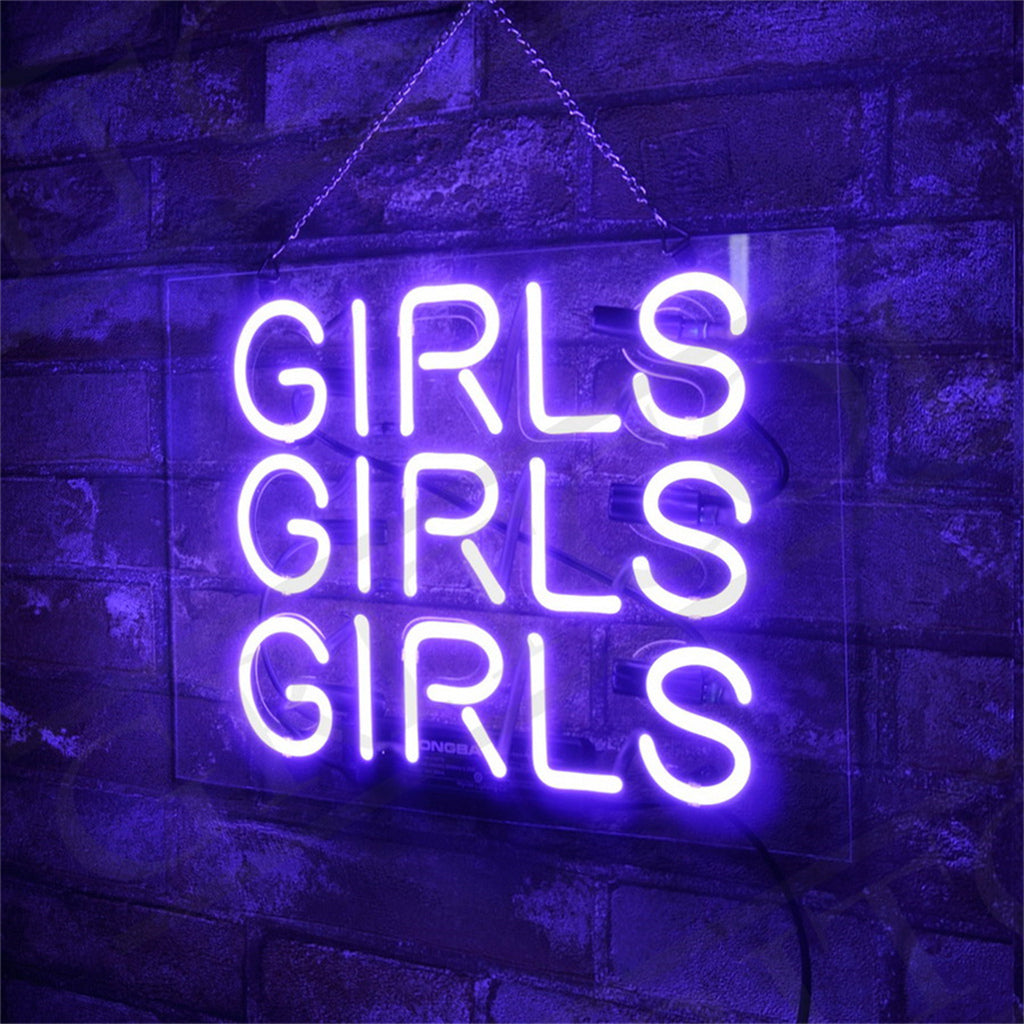 Purple neon sign displaying the word GIRLS repeated three times in stacked alignment, mounted on a dark brick wall with a chain hanger.