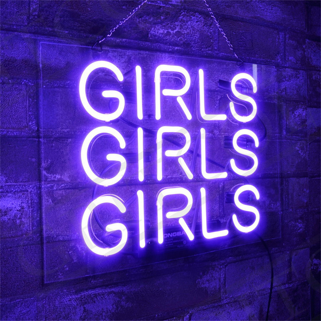 Bright purple neon sign displaying the word 'GIRLS' repeated three times in uppercase letters, mounted on a dark textured wall with a hanging chain.