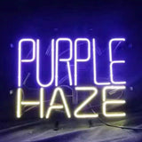 Neon sign with the words 'PURPLE' in purple light and 'HAZE' in yellow light against a dark background