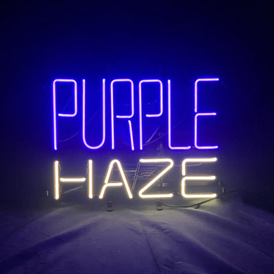 Purple Haze Beer Neon Sign Light glowing in purple on metal grid backing