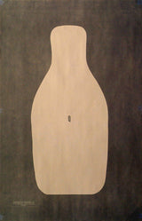 Simplistic silhouette of a light beige bottle centered on a dark brown textured background with a small letter Q near its base.