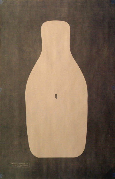 Simplistic silhouette of a light beige bottle centered on a dark brown textured background with a small letter Q near its base.