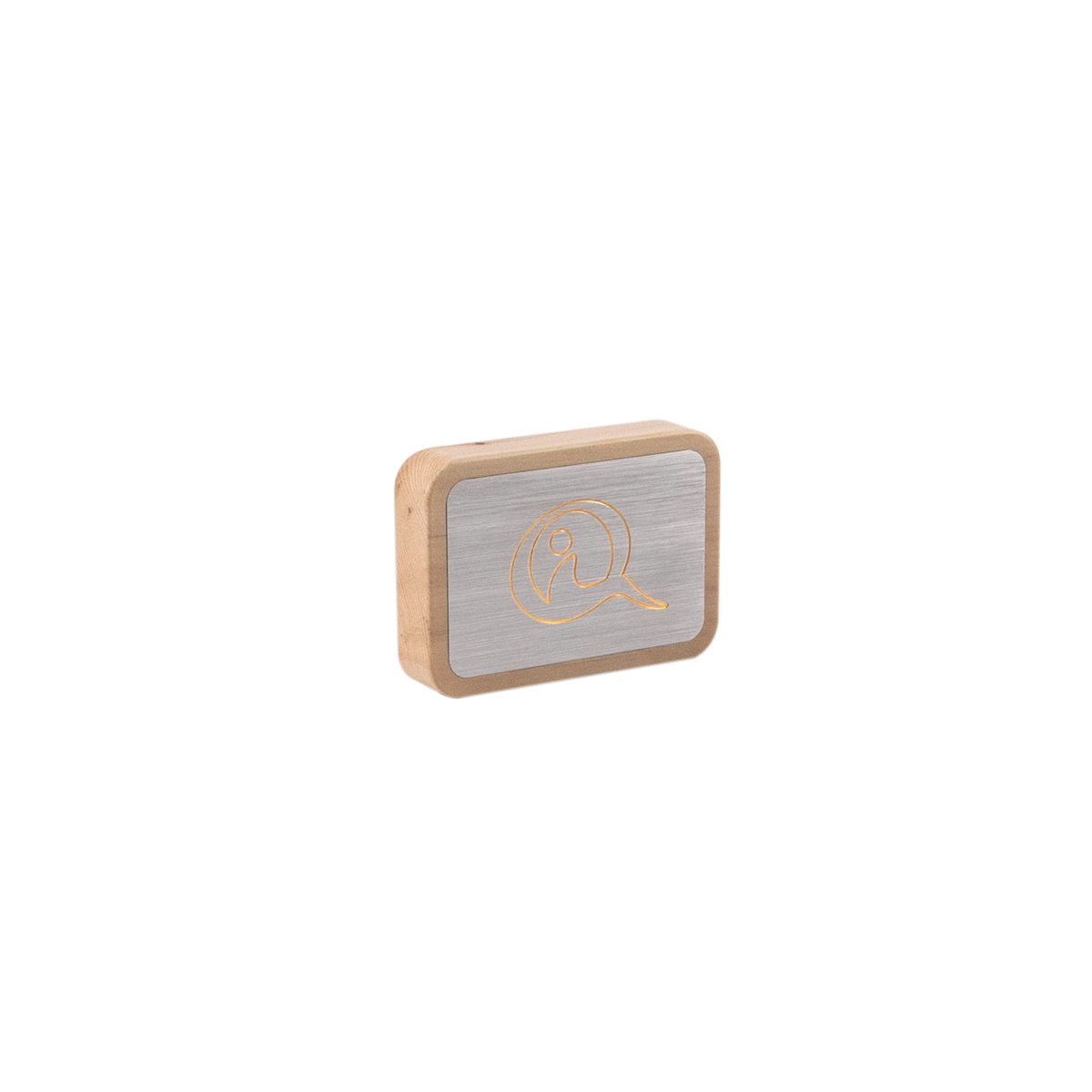 Rectangular metal grooming comb with wooden frame and engraved stylized 'Q' logo on metal surface, set against black background.