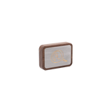 Rectangular wooden box with rounded edges featuring a brushed metal front panel engraved with a stylized letter Q design in gold.