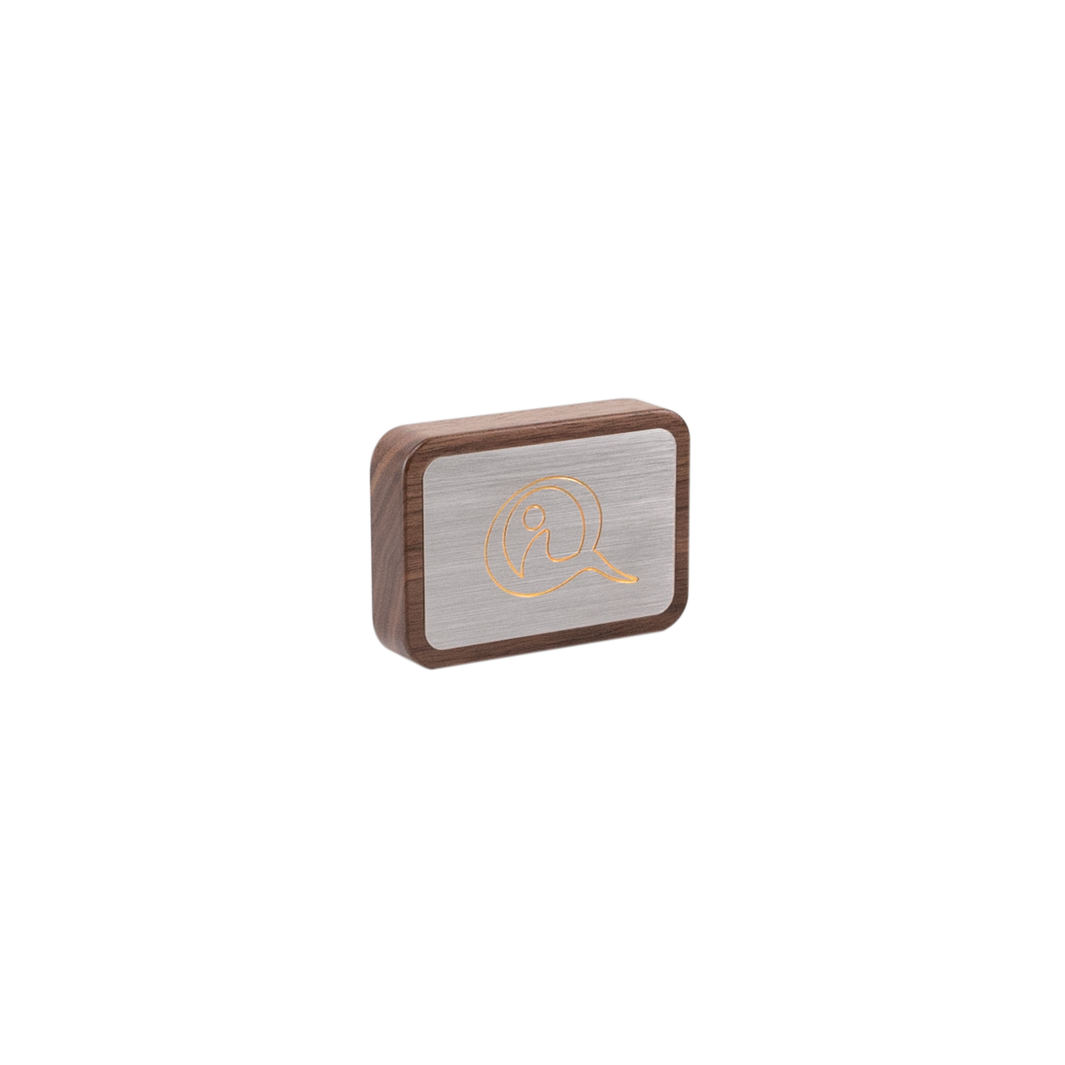 Rectangular wooden box with rounded edges featuring a brushed metal front panel engraved with a stylized letter Q design in gold.