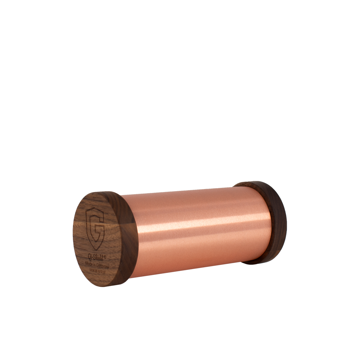 Cylindrical copper tube with rounded wooden end caps, one end engraved with a logo and text, shown on a white background.