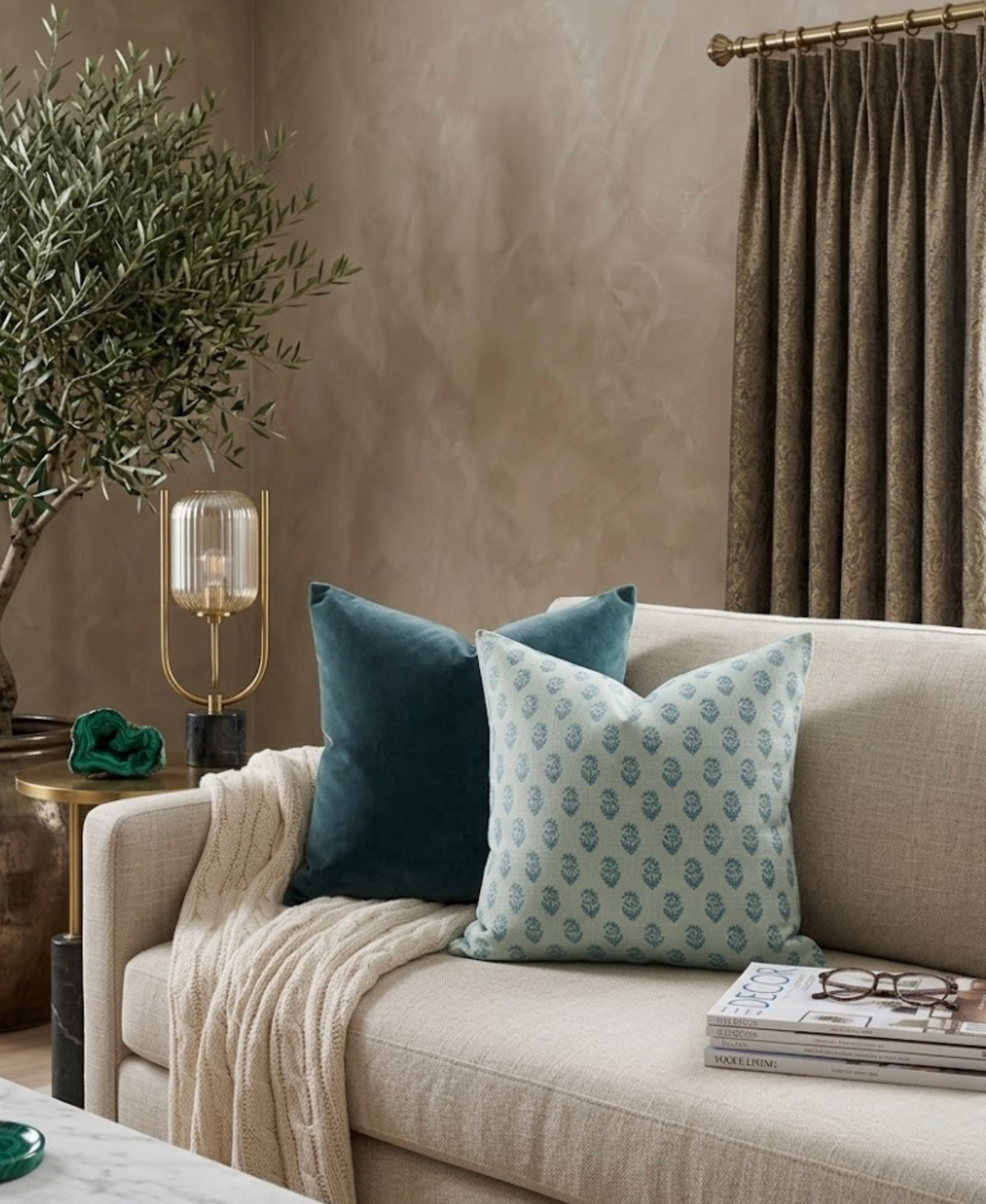 Beige sofa with a teal velvet pillow and a pale blue pillow with a darker blue floral pattern, accompanied by a cream knit throw and a stack of books