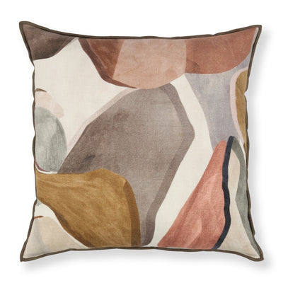 Figura Pillow Cover in Mehndi displaying abstract linen fabric in neutral tones on a couch.