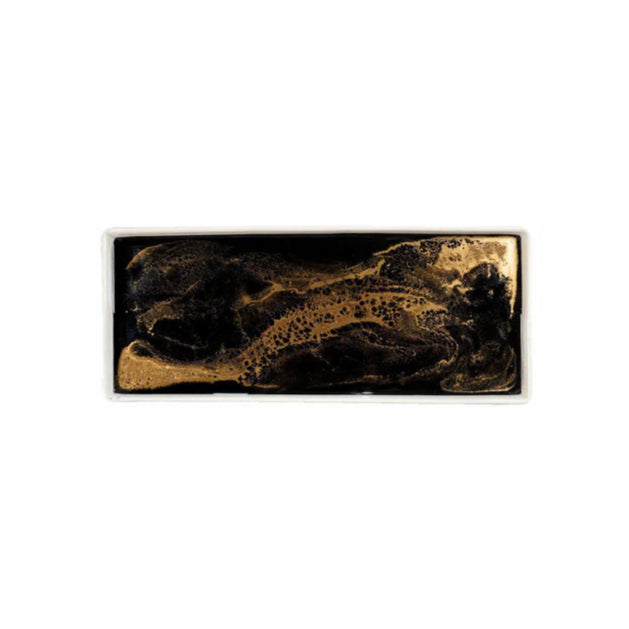 Rectangular black and gold resin ceramic tray on a white background