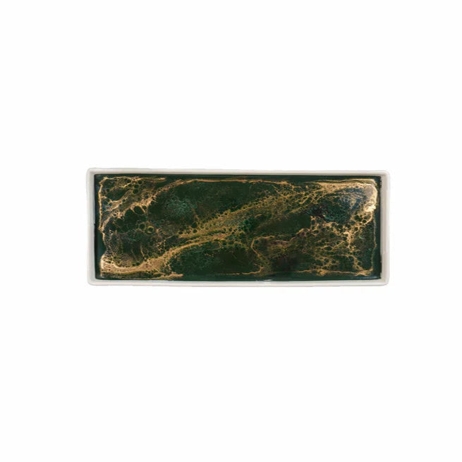 Rectangular resin ceramic tray with green and gold marbled pattern on a white background
