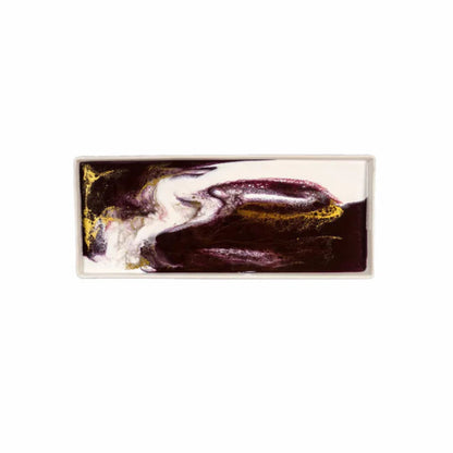 Rectangular resin ceramic tray with a marbled design in brown, white, and gold on a white background