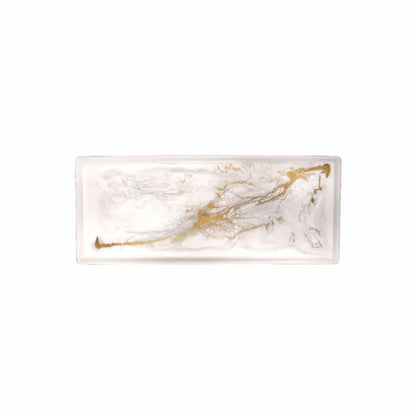 Rectangular resin ceramic tray with gold veins on a white background
