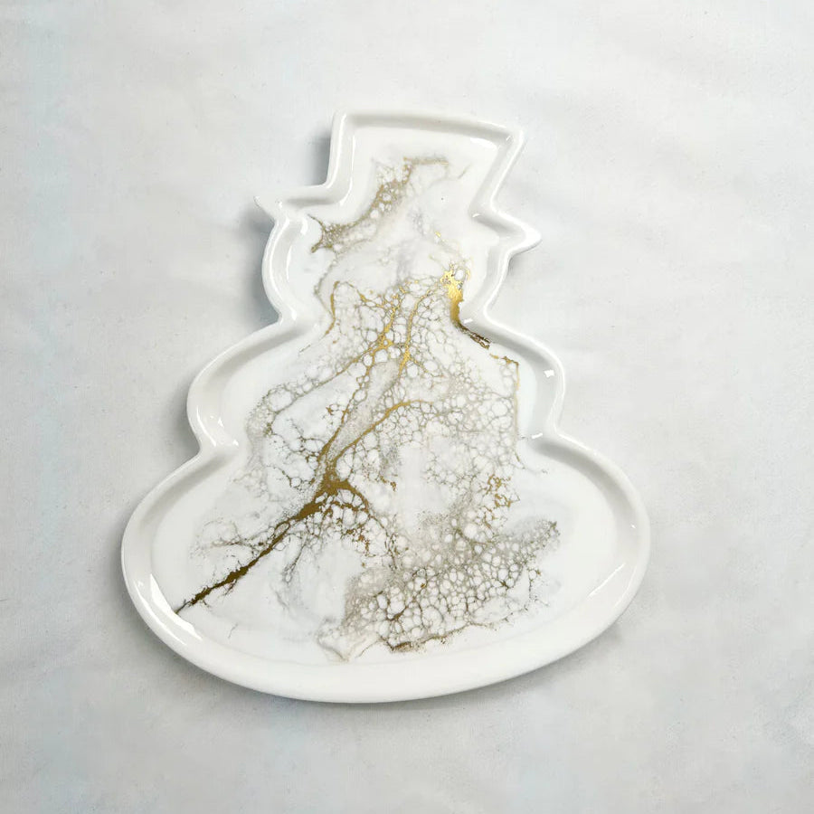 Hand-poured resin and ceramic snowman tray with shimmering resin swirls in Northern Lights color