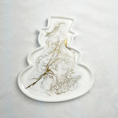 Hand-poured resin and ceramic snowman tray with shimmering resin swirls in Northern Lights color
