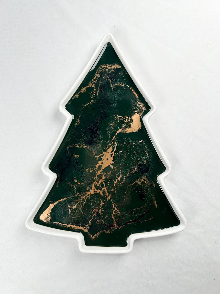 Tree-shaped resin ceramic tray with black and gold marble pattern on a white background