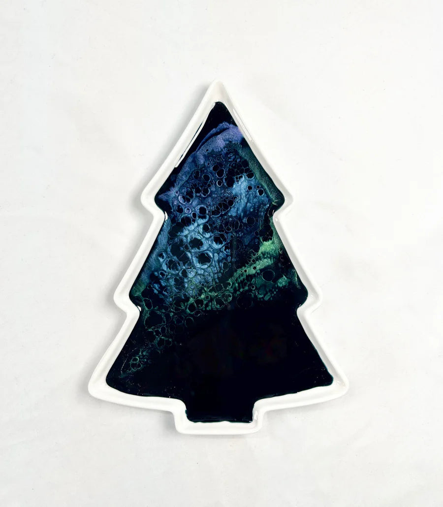 Tree-shaped Resin Ceramic Tray with a blue and green abstract design on a white background