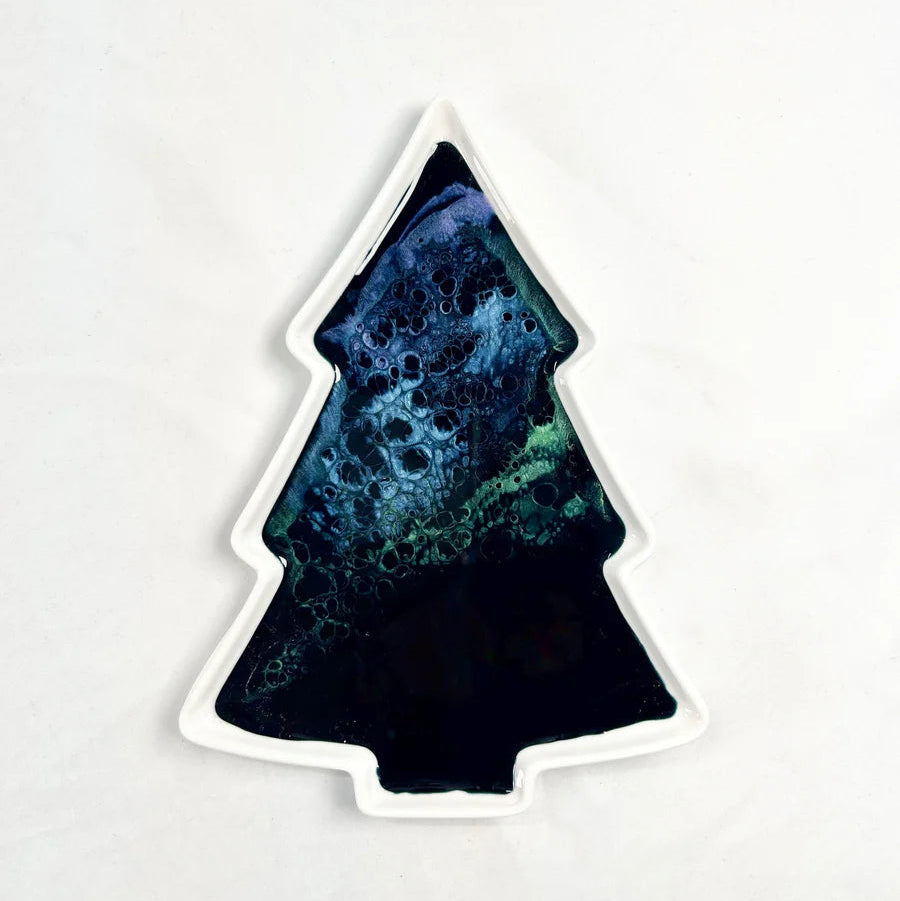 Tree-shaped Resin Ceramic Tray with a blue and green abstract design on a white background
