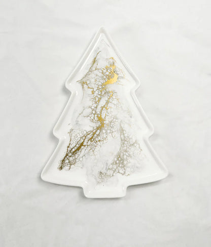 Christmas tree-shaped Resin Ceramic Tray with gold and silver leaf design on a light gray background