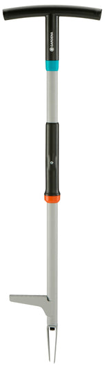 Weed puller tool with a black T-shaped handle, gray shaft, and flat angled metal prongs at the bottom, featuring a blue and orange accent on the handle and shaft.
