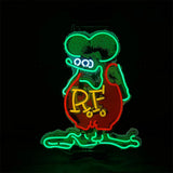 Neon sign of a green rat with exaggerated features wearing red overalls displaying yellow 'RF' letters, glowing against a black background.