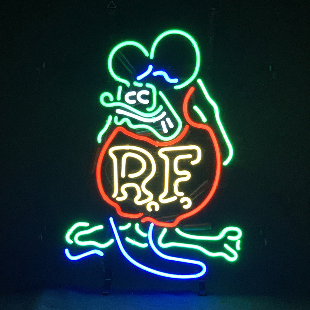 RF Rat Fink Mouse Neon Sign glowing against dark background