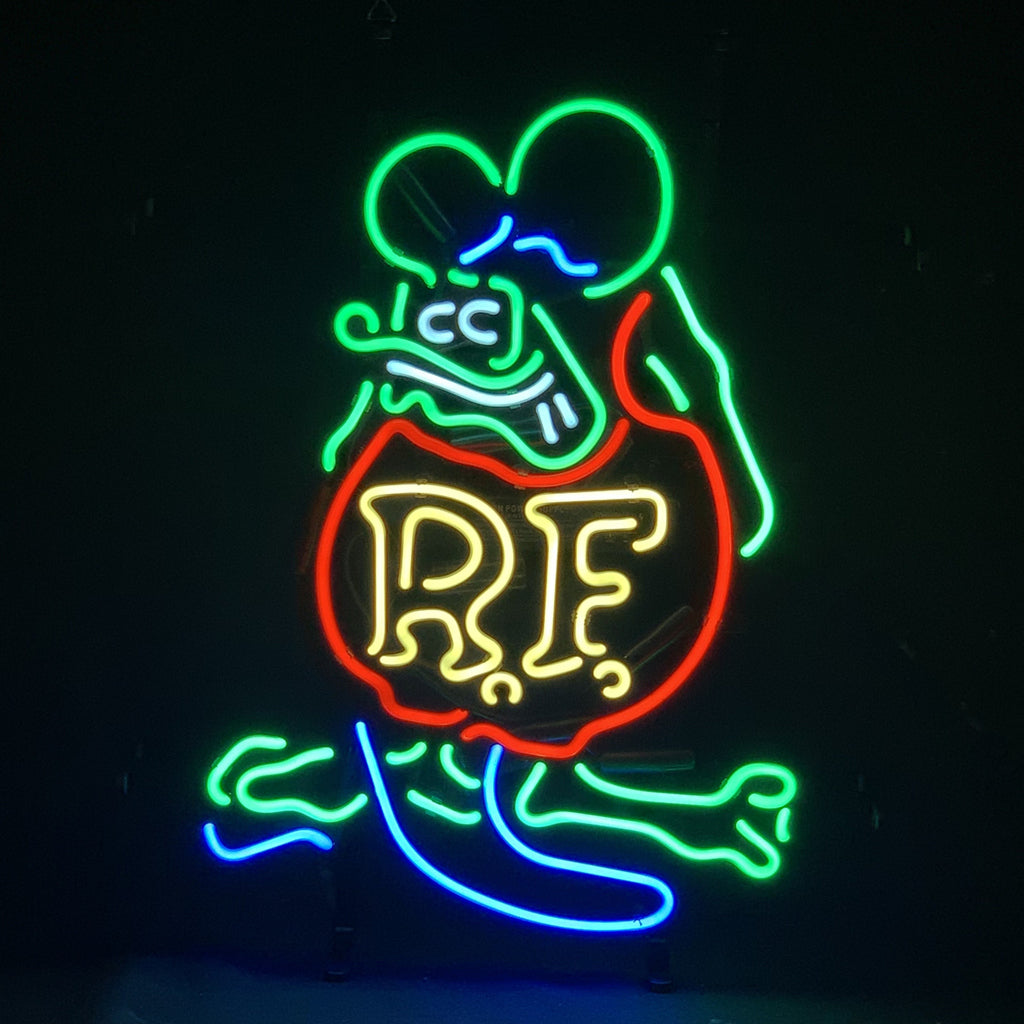 Neon sign depicting a cartoon mouse outlined in green, blue, and red neon with yellow letters 'RF' in its body against a black background.