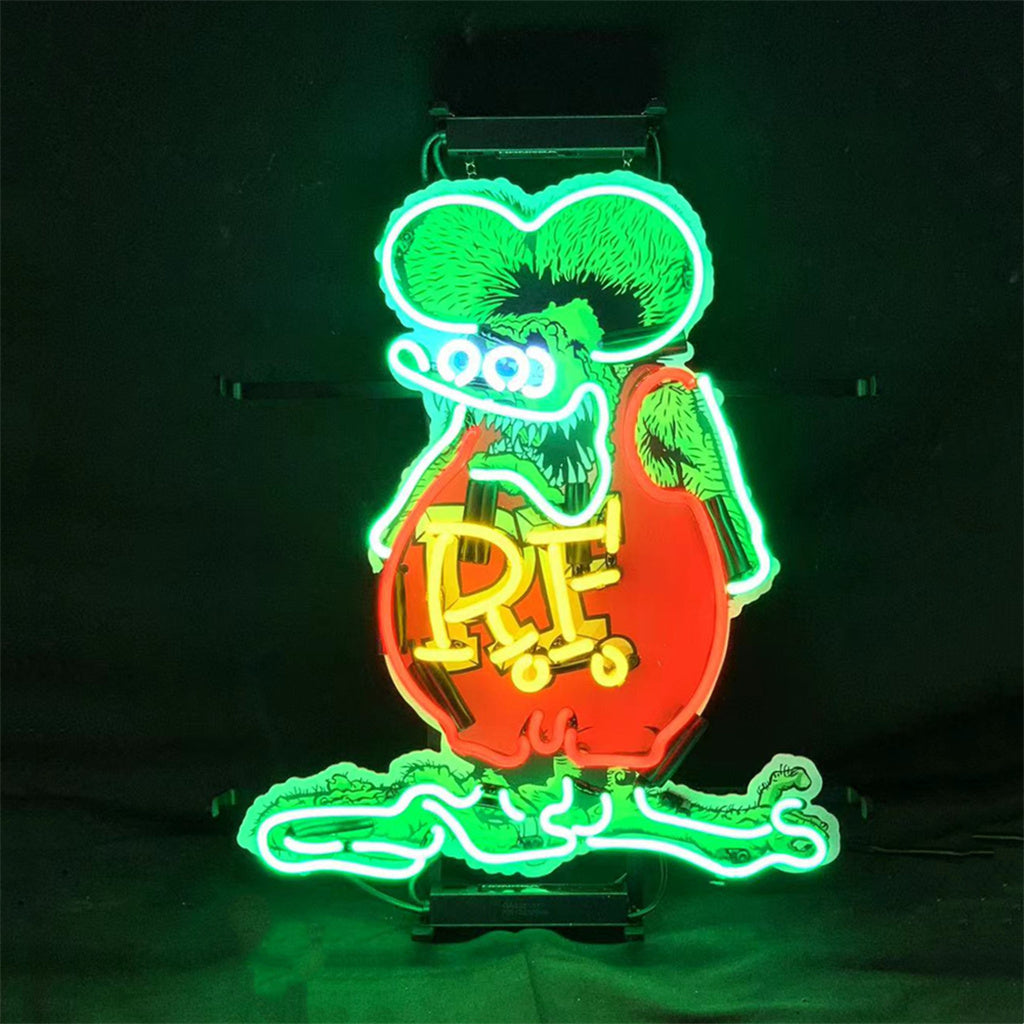 Neon sign of Rat Fink mouse character in green outline with large eyes and red overalls displaying yellow "RF" letters, glowing against a dark background.