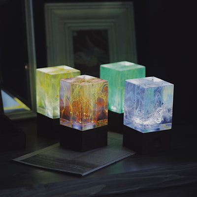 Handcrafted resin table lamp with black walnut base and dimmable LED bulb