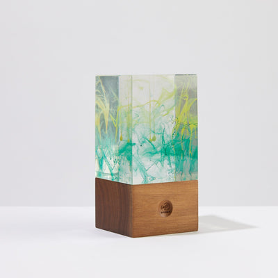 Handcrafted resin table lamp with black walnut base and dimmable LED bulb