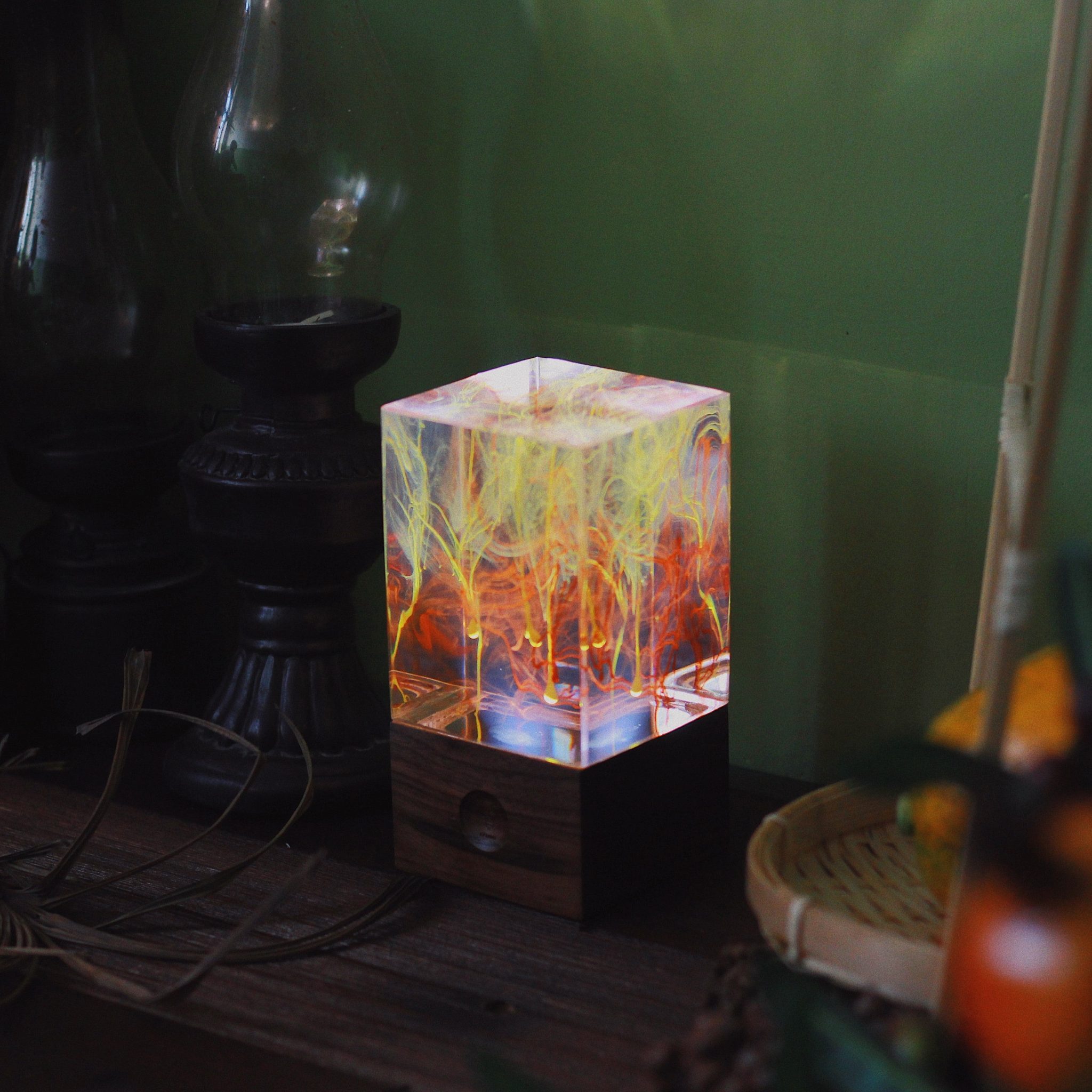 Handcrafted resin table lamp with black walnut base and dimmable LED bulb