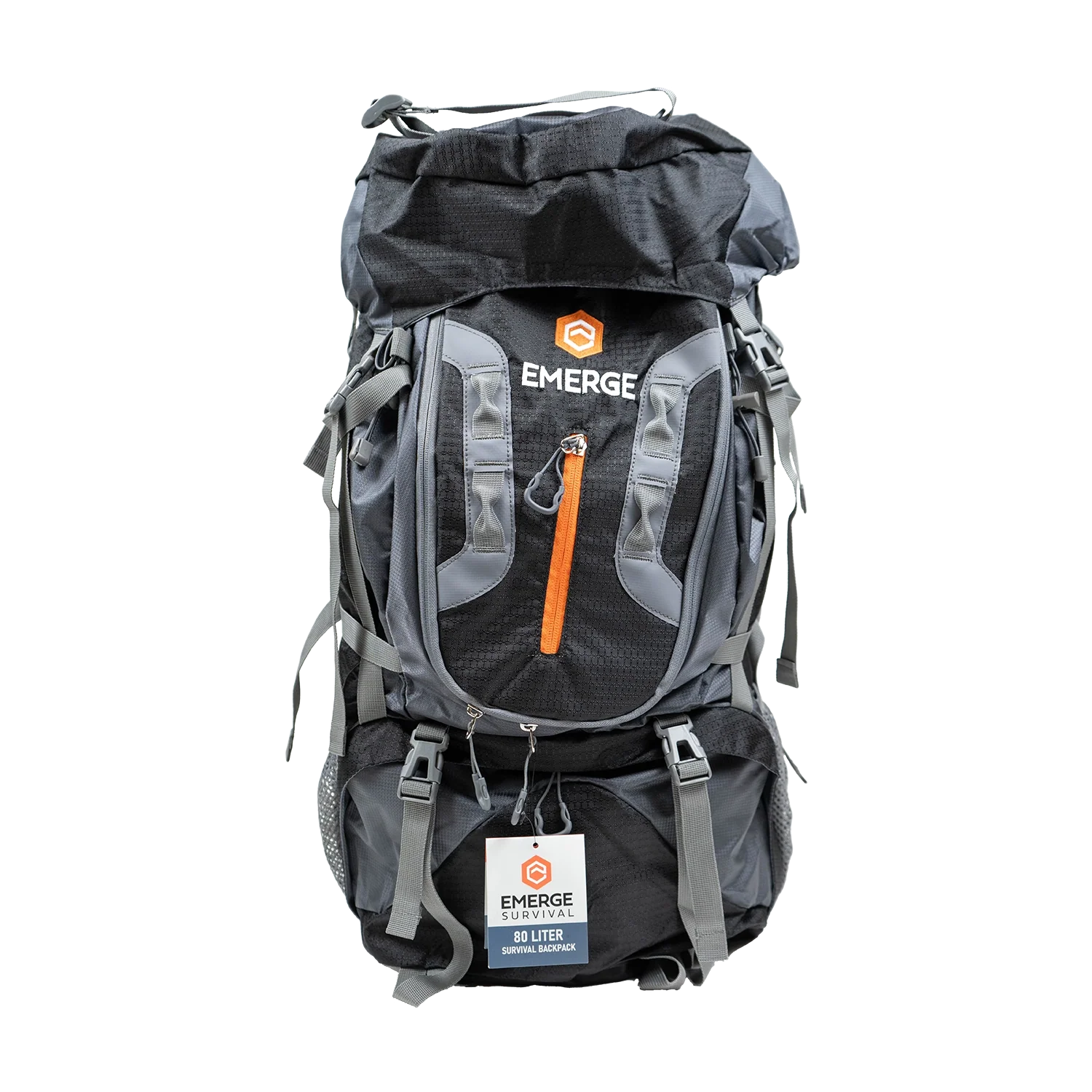80L Survival Backpack - The Ranger in dark gray showing front and side views