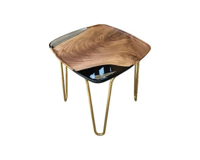 Rectangular resin side table with walnut wood and ivory resin top, shown with various leg color options