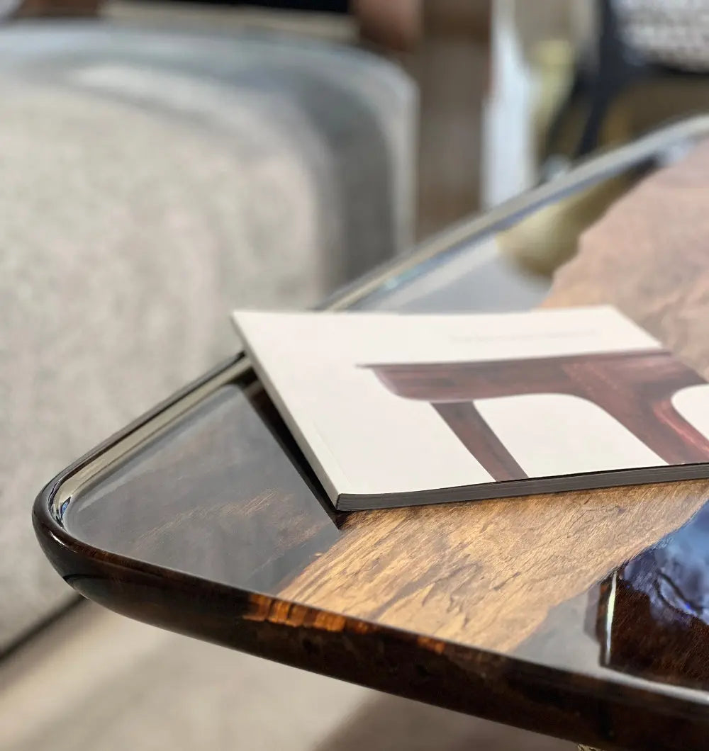 Rectangular resin side table with walnut wood and ivory resin top, shown with various leg color options