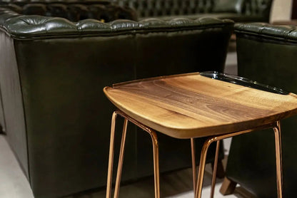 Rectangular resin side table with walnut wood and ivory resin top, shown with various leg color options