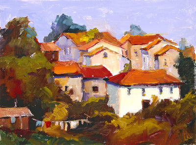 Red Rooftops Enhanced Canvas Print showing a vibrant artwork of red rooftops mounted on sturdy wood under different frame options