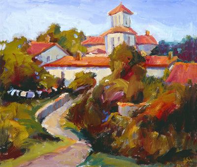 Red Rooftops with Path artwork showing vibrant red rooftops and a winding path in an enhanced canvas print
