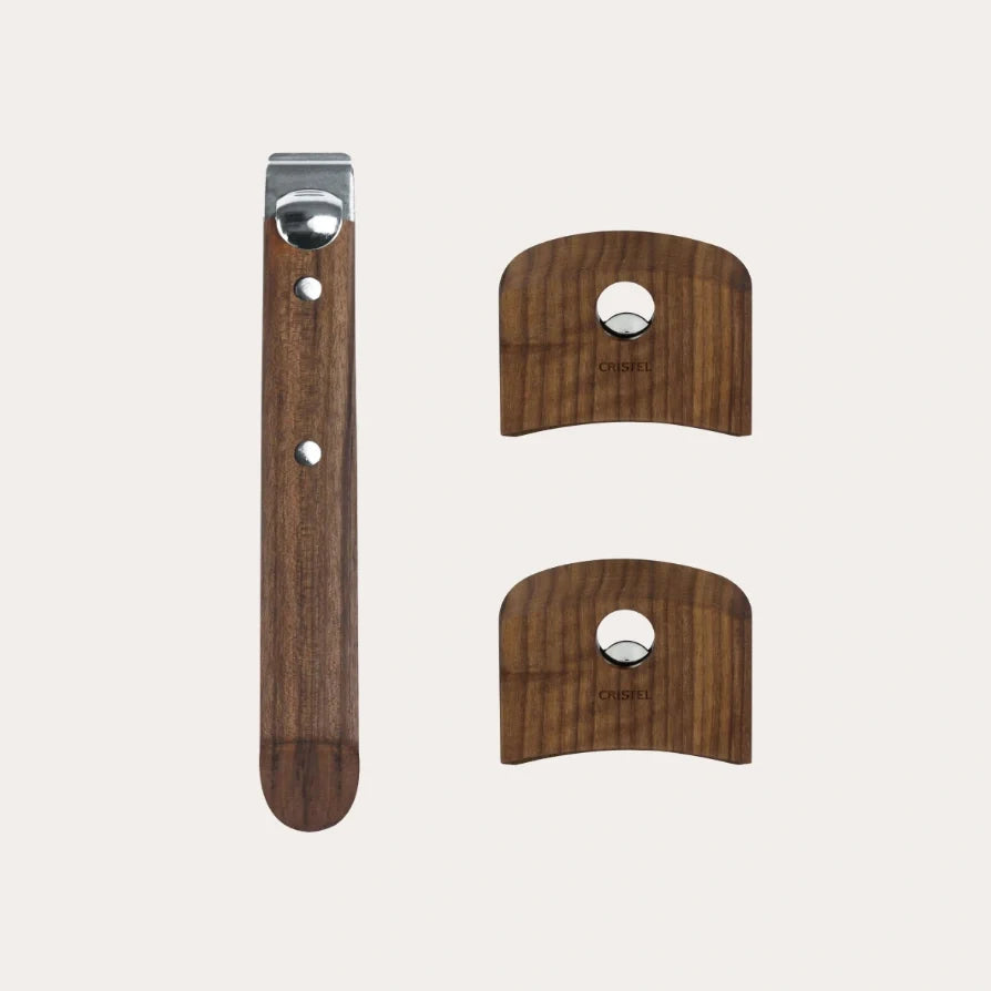 Set of three wood handles with smooth polished finish; one long rectangular handle with metal cap and two shorter curved handles with central holes.